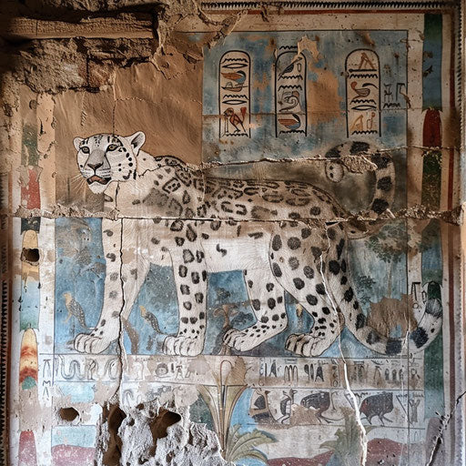 Snow leopard in the heart of an ancient wall mural