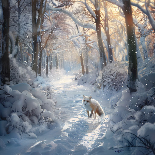 White tail fox exploring a snowy path through a winter forest