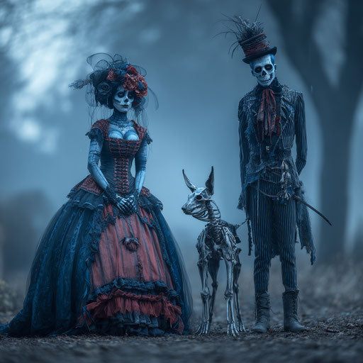 Couple in Corpse Bride cosplay in a misty dark forest