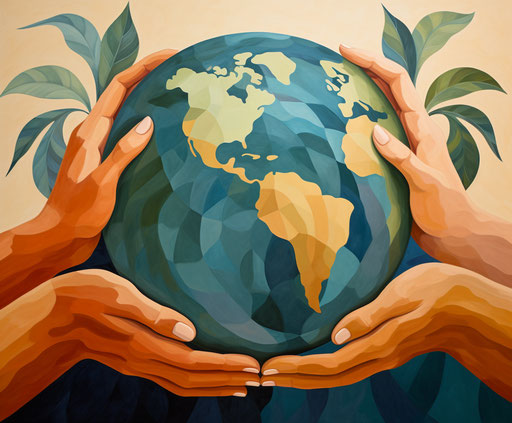 Earth globe held by hands with green leaves