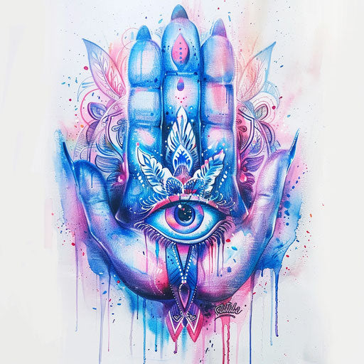Contemporary hamsa tattoo drawing with pastel shades