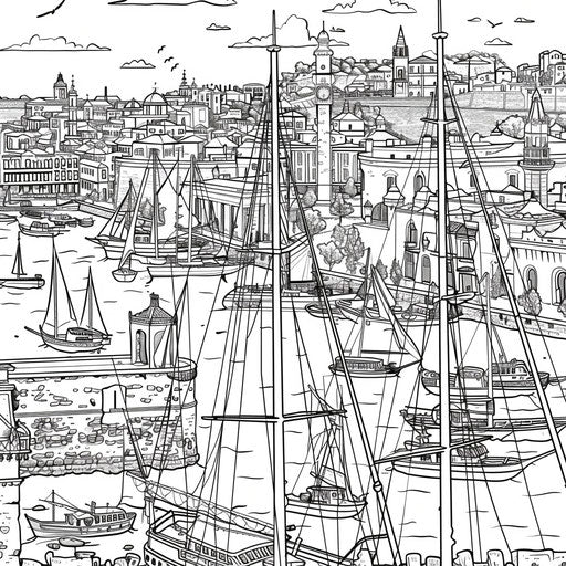 Detailed view of a city harbor with boats docked.