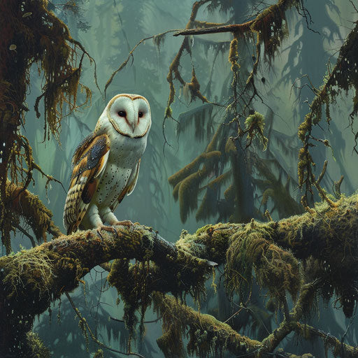 White owl perched on a mossy branch in the heart of the ancient forest at dusk
