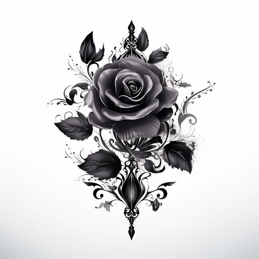 Black rose tattoo with ornamental design high resolution