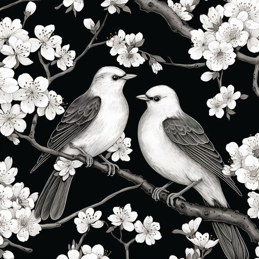 Hand drawn pattern with cherry blossom flowers black white