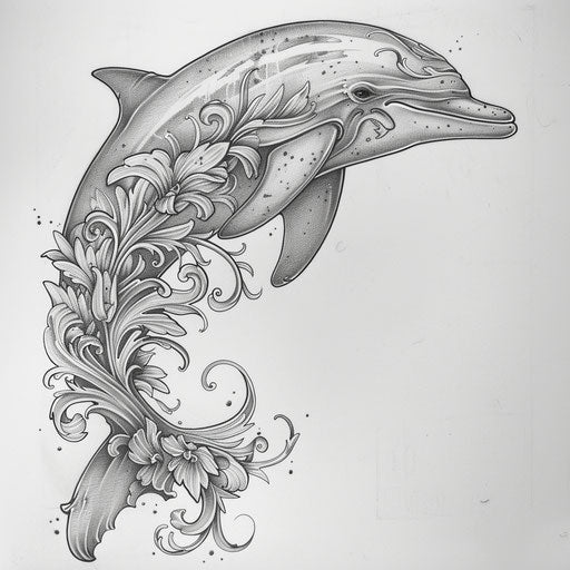 Dolphin tattoo in art nouveau style on white background