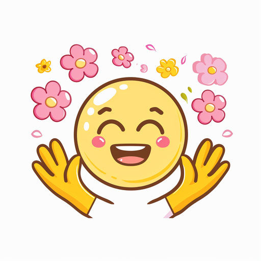 Laughing heartily with pink flowers and yellow hands up
