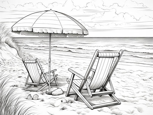 Beach with bucket, umbrella, and chairs coloring pages