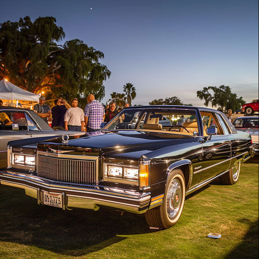 A meticulously restored 83 Cadillac Coupe DeVille at a classic car show, shining under the bright lights, with spectators admiring its beauty and craftsmanship