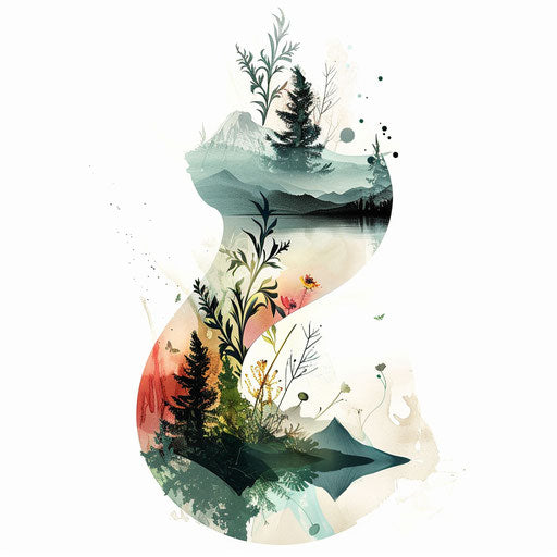 Graphic design of a unalome tattoo blending into a serene landscape