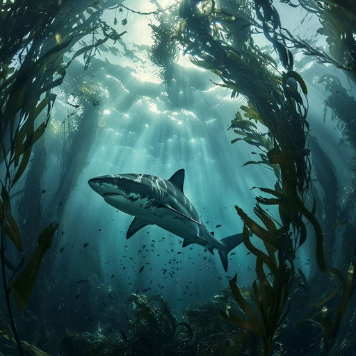 Tiger shark amidst shadows of a kelp forest