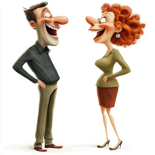 Humorous caricature of a conversation with exaggerated human characteristics