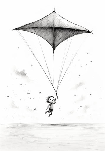 Black and white kite drawing, whimsical animation style