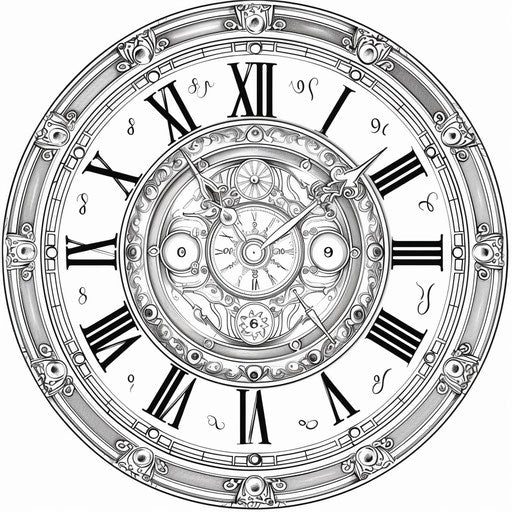Whimsical circular clock face with fantastical numbers and hands. Coloring book page