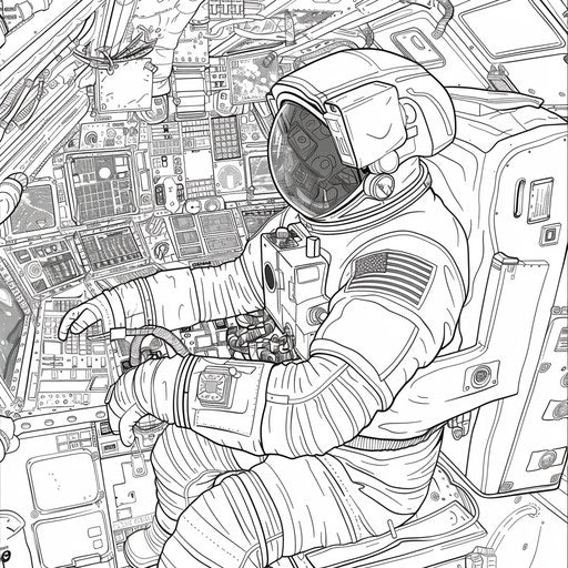 Astronaut in space station with controls and equipment