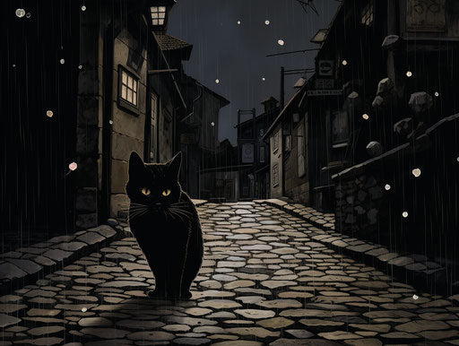 A black cat walking across a small street with stones, expressive body language, supernatural creatures 4:3