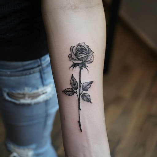 Simple tattoo of a rose, Adrian Smith style, forearm