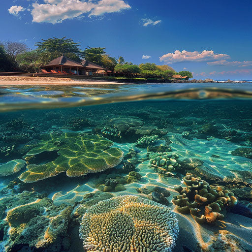 Nusa Dua Beach, Indonesia, intricate coral reefs in clear water