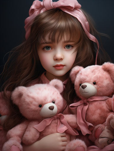 Pink girl and teddy bears, animated style, lovely