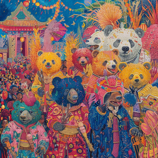 Bears in a festive parade celebrating the harvest