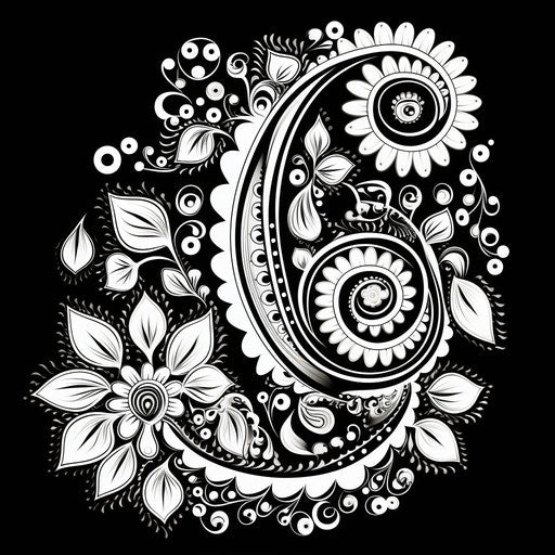 Black and white paisley template with flower, black and white drawings style, Mughal painting, Indian scenes, captivating, batik