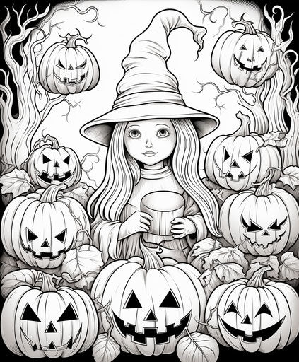 Halloween ghosts and pumpkins to color, whimsical art style
