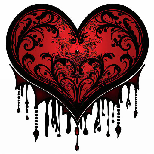 Flat tattoo style heart silhouette, deep red with black lace patterns