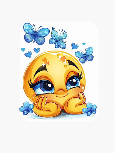 Yellow smiley face with blue hearts on white background