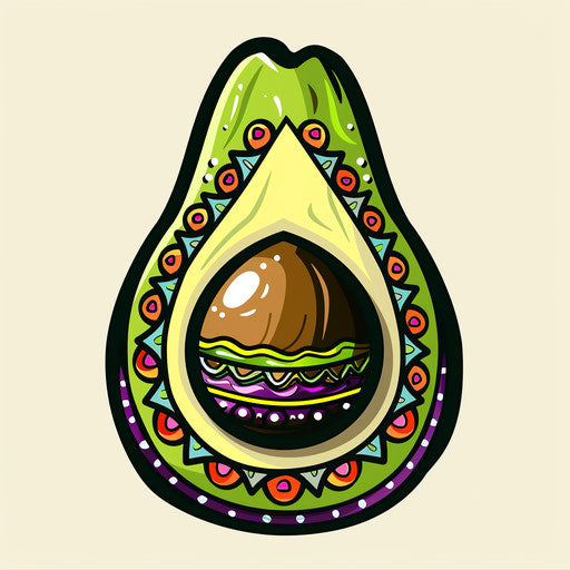 Cultural flat tattoo sketch of an avocado with traditional neon Aztec patterns