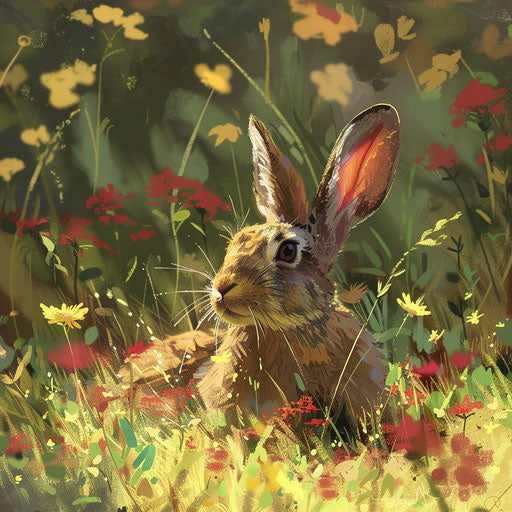 A rabbit nestled in a field of wildflowers