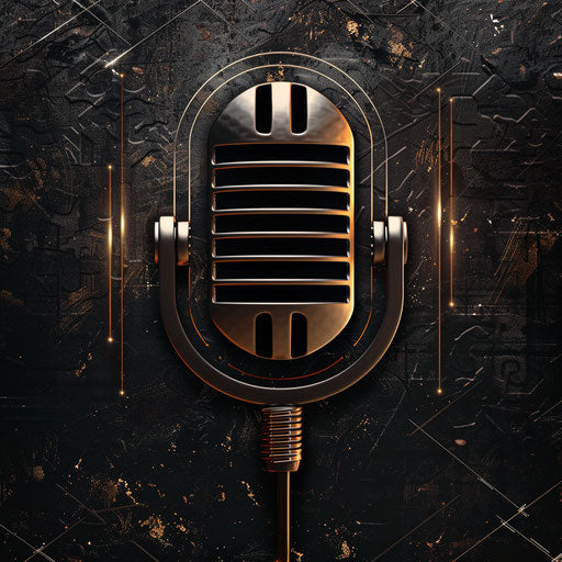 Modern podcast logo with sleek lines and metallic background