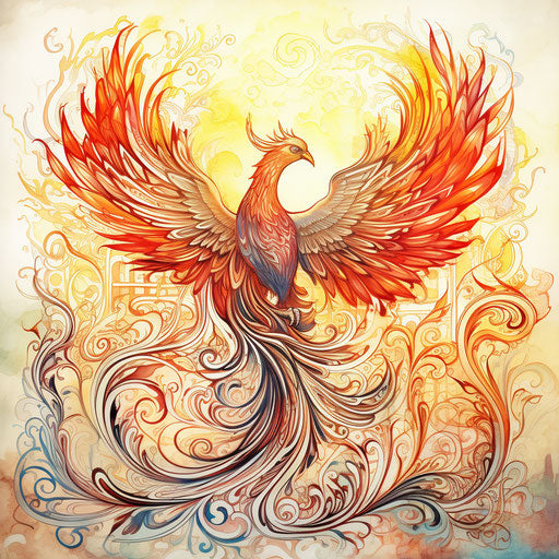 Energetic phoenix in linear style, flower and nature motifs