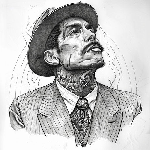 Tattoo sketch of a Chicano art pachuco with zoot suit, classic and stylish