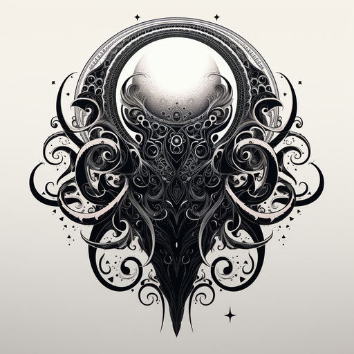 Moon and octopus tattoo in black and white, Middle Eastern and North African art style