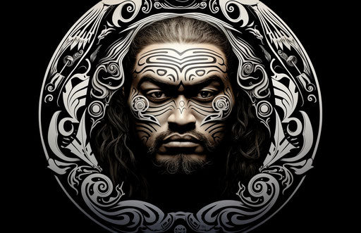 Tribal man in white circle, Maori art style, exotic birds