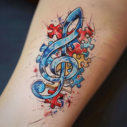 Music symbol intertwined with autism puzzle pieces