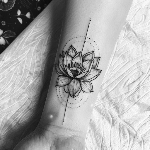 Blackwork water lily tattoo art on white sheet