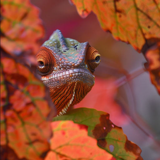 Chameleon peeking through a kaleidoscope of autumn leaves