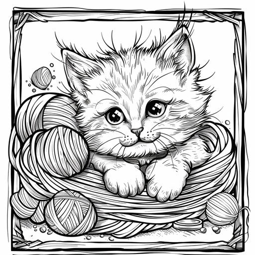 Playful kitten tangled in yarn with balls of wool around. Coloring book page