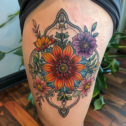 Wildflower mandala, intricate patterns, bright colors, symmetrical design