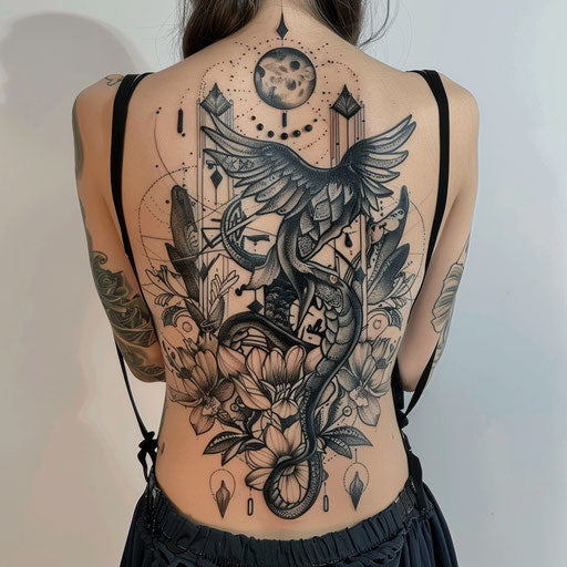 Cosmic and mythic back tattoos for women