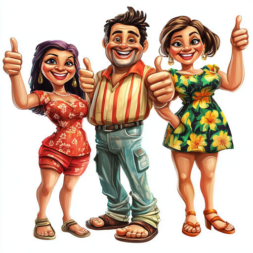 Humorous caricature of a family in clipart with human characteristics, exaggerated arched eyebrows, toes feet, whimsical mood, vibrant colors, cartoon style, thumbs up, high-resolution, no background, isolated