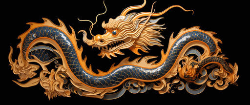 Golden cartoon dragon on black background, light orange and light indigo style, intricate cut-outs, large scale murals