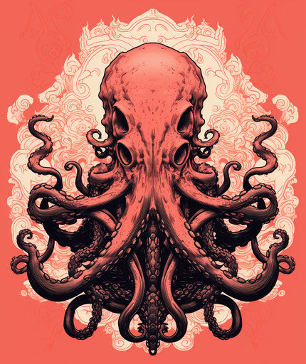 Illustration of an octopus on a red frame, neo-traditional Japanese style