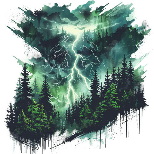 Thunderbolt over green forest, tattoo sketch