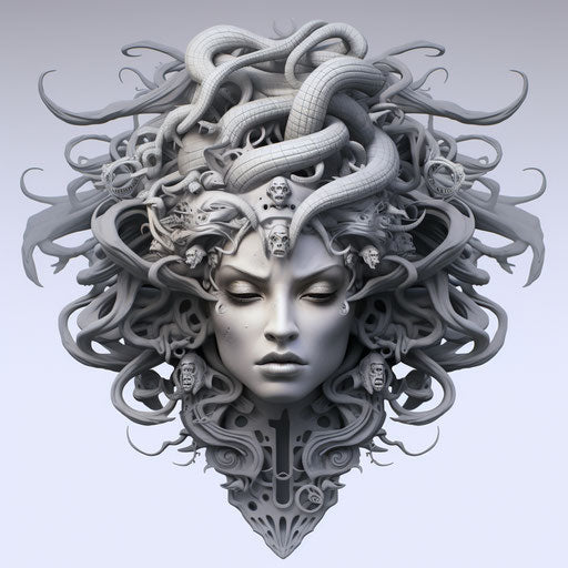 Medusa's face in black and white, 2D game art style