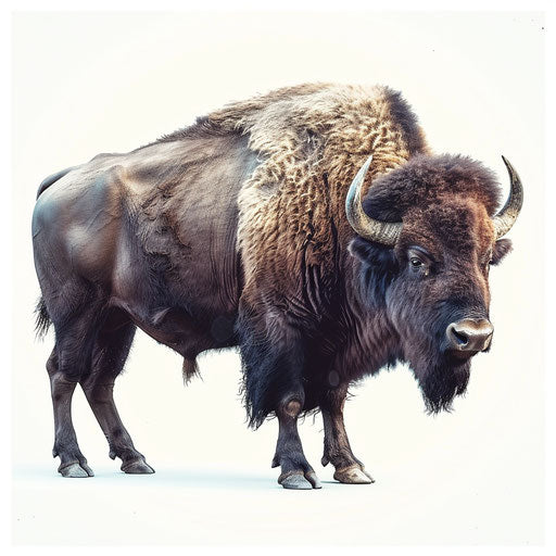 Realistic buffalo illustration on flat white background, with delicate textures and soft focus