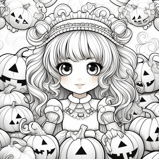Adult coloring page of cute girl with pumpkins, colorful design for coloring book, kawaii chic