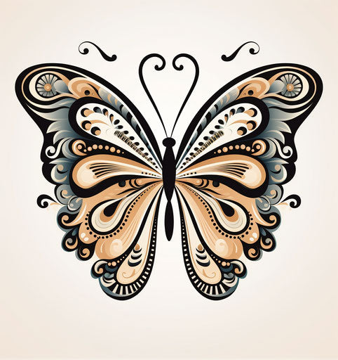 Black butterfly design in squiggly line style, light white and dark brown, captivating 121:128