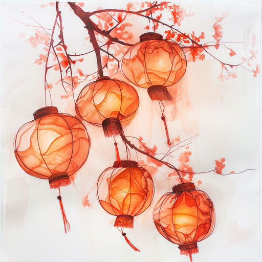 Shining Chinese lanterns, warm tattoo designs on white canvas